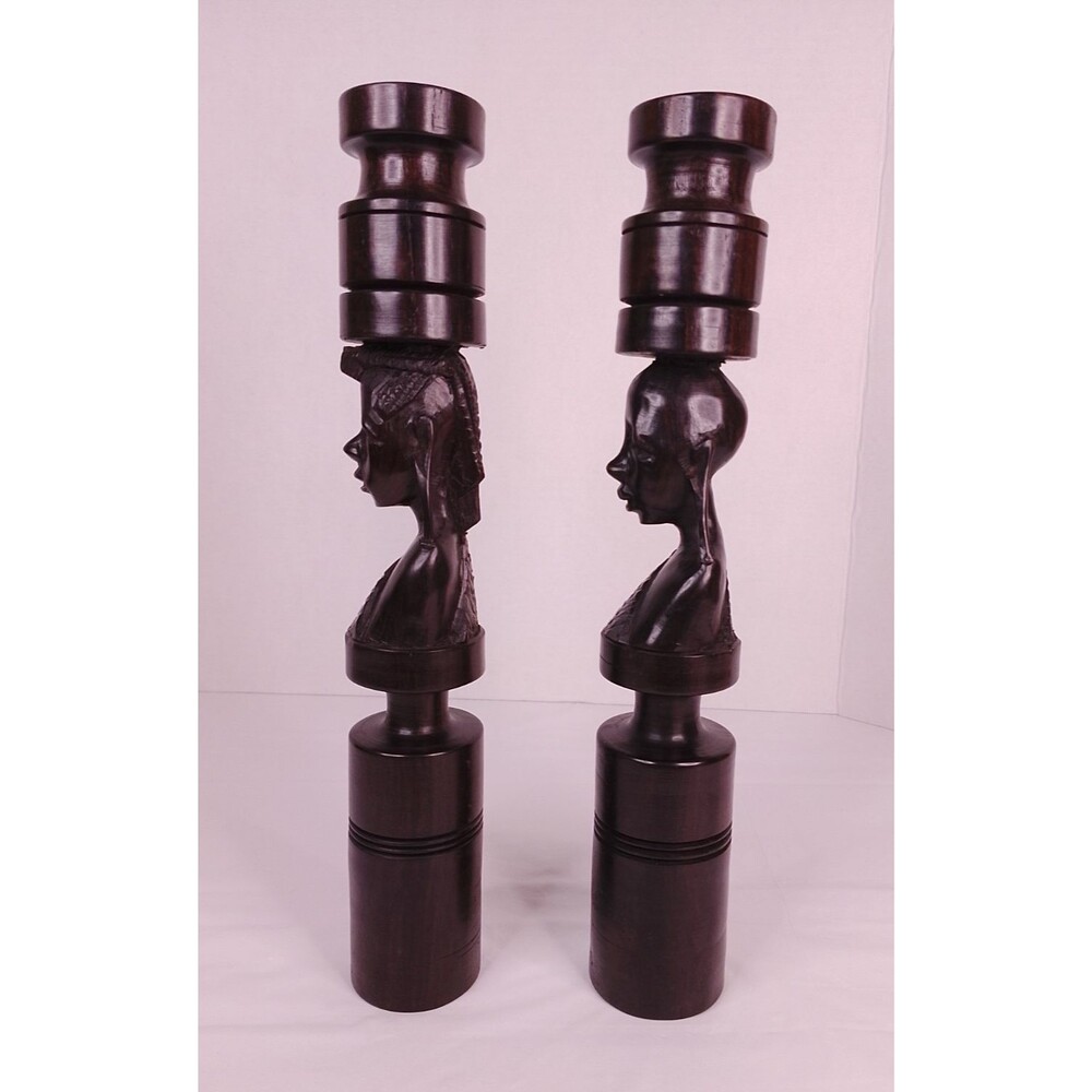 Vintage Mid-Century African Hand-Carved Ebony Wood Candlesticks - Picture 2 of 16